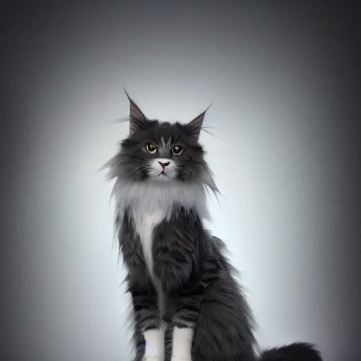 Prompt: a big magnificent dark gray maine coon mix cat with white belly, white paws and white face markings with long fur and fluffy tail, sitting, soft lighting, peaceful, science fiction, award-winning, cinematic lighting, insanely detailed, very realistic, Artstation, Cgsociety, by Simon Stalenhag, directed by Denis Villeneuve, filmic