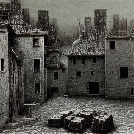 Prompt: landscape of old town made by zdzislaw beksinski