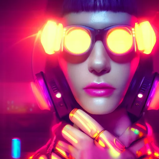 Prompt: cyberpunk beautiful woman self portrait listening to music in a colourful club, macro, vibrant, 3 0 mm photography, wide shot, dramatic lighting, octane render, hyperrealistic, high quality, highly detailed, artstation, hd, beautiful, cinematic, 8 k, unreal engine, facial accuracy, symmetrical