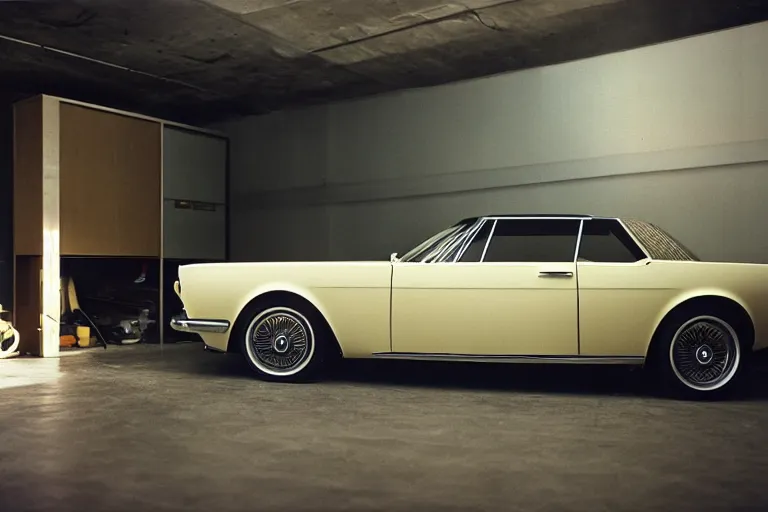 Image similar to single 1964 BMW M1 Lincoln Continental, inside of a minimalist Tokyo garage, ektachrome photograph, volumetric lighting, f8 aperture, cinematic Eastman 5384 film