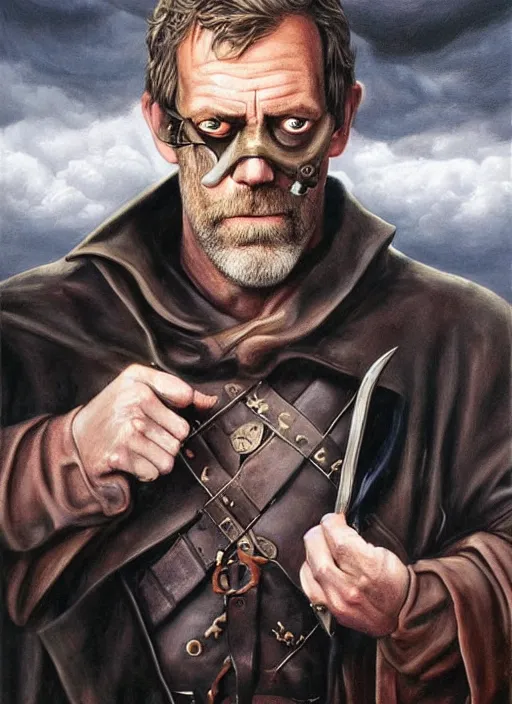 Image similar to one-eyed hugh laurie as odin with only one eye, wearing a leather eye-patch!, blind on eye, missing an eye, eyepatch, pirate, a raven on his shoulder, dark background, stormy clouds, hyperrealistic, very detailed painting by Glenn Fabry, by Joao Ruas, by Artgerm