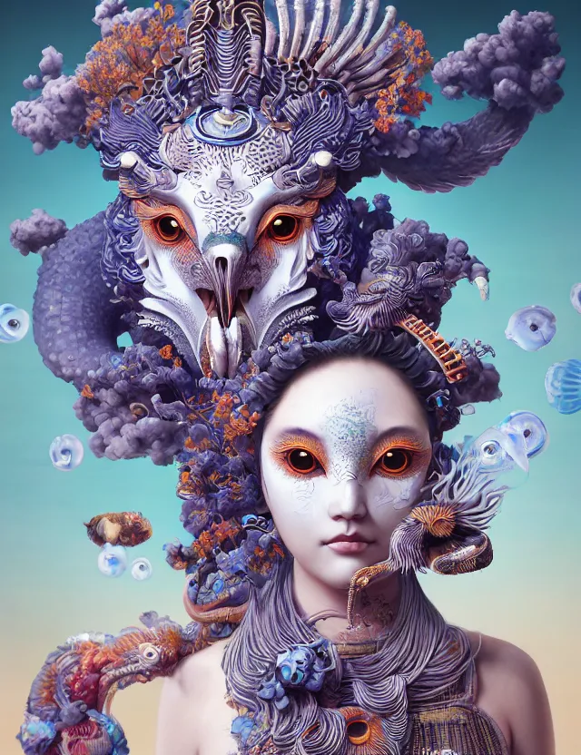 Image similar to 3 d goddess close - up frontal portrait with ram skull. beautiful intricately detailed japanese crow kitsune mask and clasical japanese kimono. betta fish, jellyfish phoenix, bio luminescent, plasma, ice, water, wind, creature, artwork by tooth wu and wlop and beeple and greg rutkowski