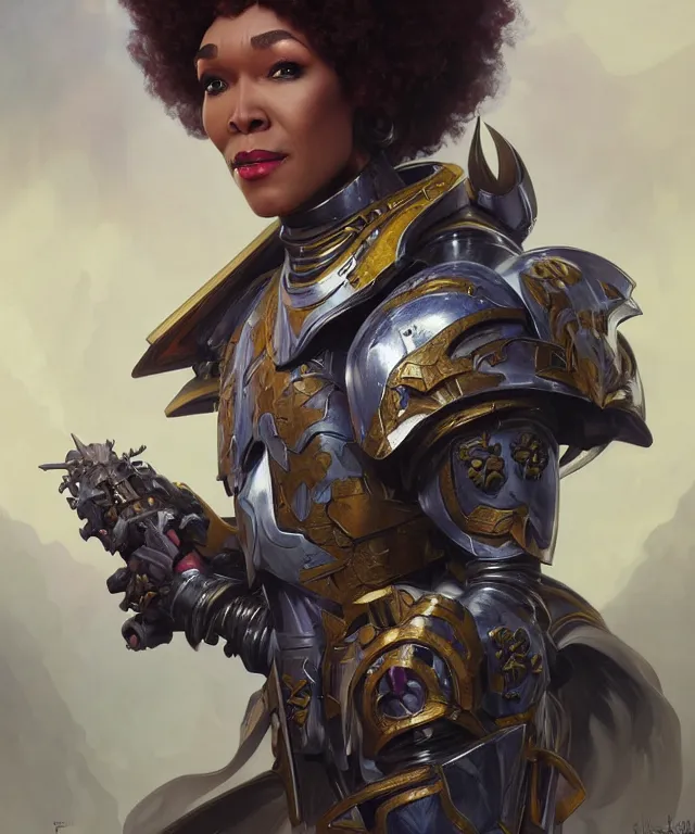 Image similar to Moira Stewart as Warhammer 40k Battle Sister, portrait, fantasy, intricate, elegant, highly detailed, digital painting, artstation, concept art, smooth, sharp focus, illustration, art by artgerm and greg rutkowski and alphonse mucha