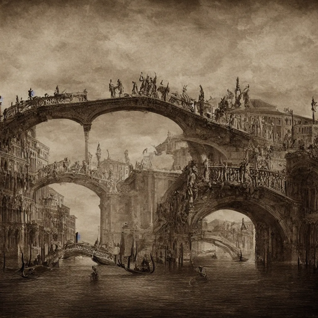 Image similar to dream of the bridges of venice by piranesi, composition, cinematic, rule, grid