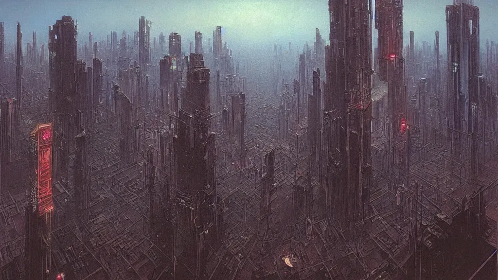 Image similar to Beautiful Painting of a cyberpunk city by Zdzisław Beksiński