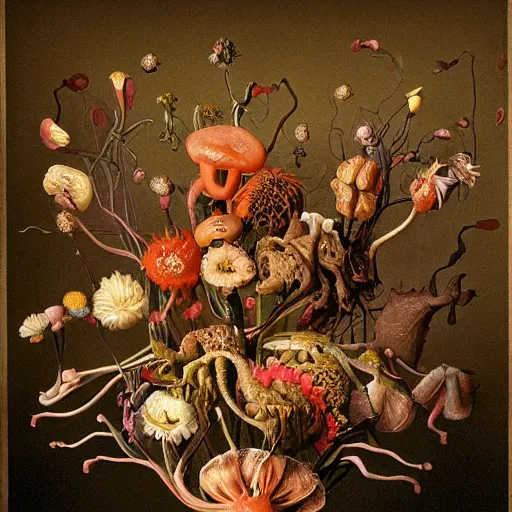 Image similar to disgusting disturbing strange dutch golden age bizarre mutant flower floral still life with many human body parts realistic human toes blossoming everywhere insects very detailed fungus tumor disturbing tendrils bizarre slimy forms sprouting up everywhere by rachel ruysch christian rex van minnen black background chiaroscuro dramatic lighting perfect composition masterpiece high definition 8 k 1 0 8 0 p