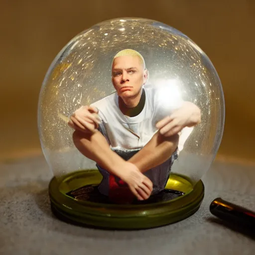 Image similar to eminem trapped inside of a snow globe, trending on artstation, 5 0 mm camera