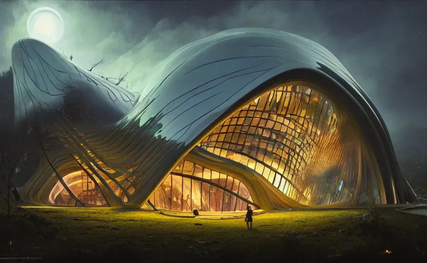 Image similar to exterior shot of witch hut utopian architecture transparent building with cinematic lighting by zaha hadid and renzo piano, darek zabrocki and greg ruthkowski, alphonse mucha, simon stalenhag, cinematic, stars, beautiful, holy place, paradise, scifi, futurism, atmospheric, concept art, artstation