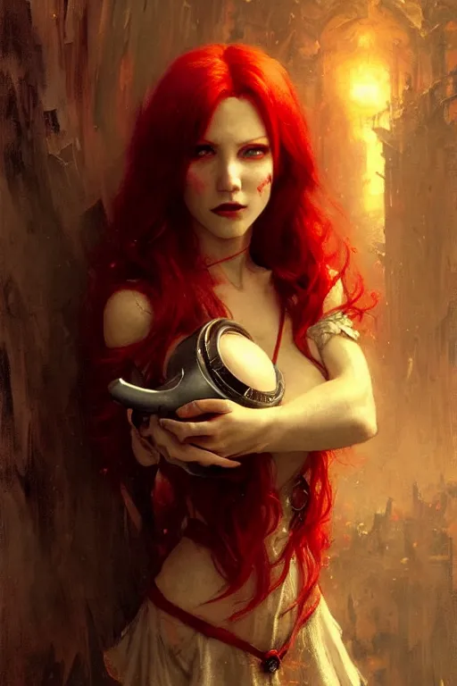 Image similar to beautiful red haired vampire maid, holding a minion from the minions movie portrait dnd, painting by gaston bussiere, craig mullins, greg rutkowski, yoji shinkawa