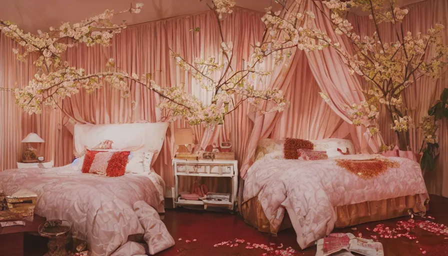 Prompt: a Wes Anderson 35mm film still of a very surreal magic cozy luxury Japanese European bedroom transforming into a magical castle garden, golden hour, clean, falling cherry blossom pedals, in the style of Gucci, James Jean color palette, glowing warm lights and floating lanterns, foggy atmosphere, rainy, moody, muted colors, magic details, high detail, high resolution, 8k, cinematic look, unreal engine, psychedelic,