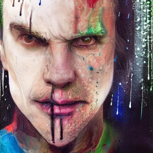 Image similar to cinematic portrait of steve from blue's clues as the joker, perfect face, neon rain, moody, elegant, by alyssa monks, highly detailed, symmetrical face, fine details, masterpiece, trending on artstation