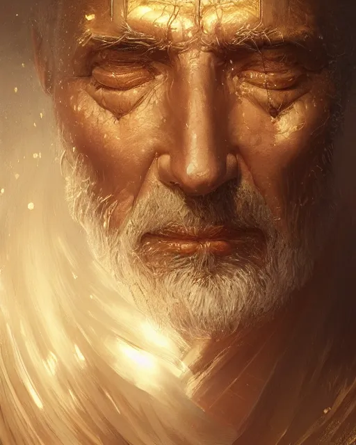 Image similar to An old man looking in a golden mirror, beautiful face, highly detailed face, close-up, fantasy art, male art, in the style of greg rutkowski, illustration, epic, fantasy, intricate, hyper detailed, artstation, concept art, smooth, sharp focus, ray tracing