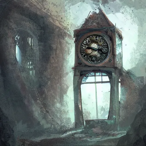 Image similar to an abandoned old,rusty, claimed by nature clock tower in a dark enormous cave, painting, illustration, Concept art, art station, DeviantArt