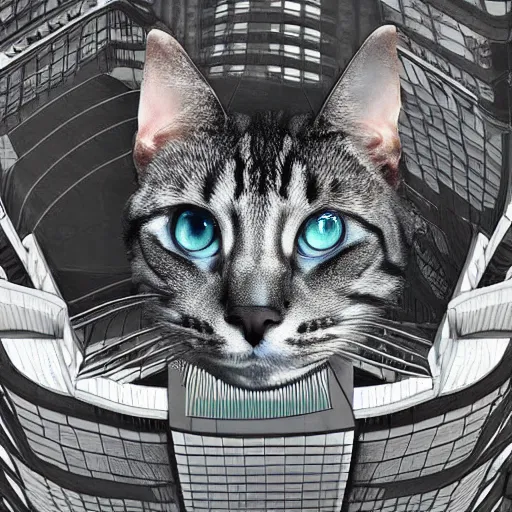 Prompt: A giant cat staring at humans from the top of a highrise building, digital art