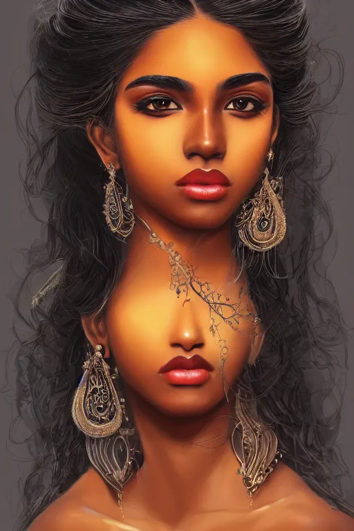 Prompt: A bust of a beautiful black skinned Sri Lankan girl with large lips and smooth eyebrows and straight hair, HD, illustration, epic, fantasy, intricate, elegant, amazing detail, digital painting, artstation, concept art, smooth, sharp focus, illustration, art by Turine Tran