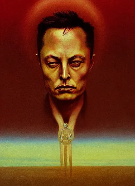 Prompt: A painting in a style of Beksinski featuring Elon Musk. Very detailed, symmetry