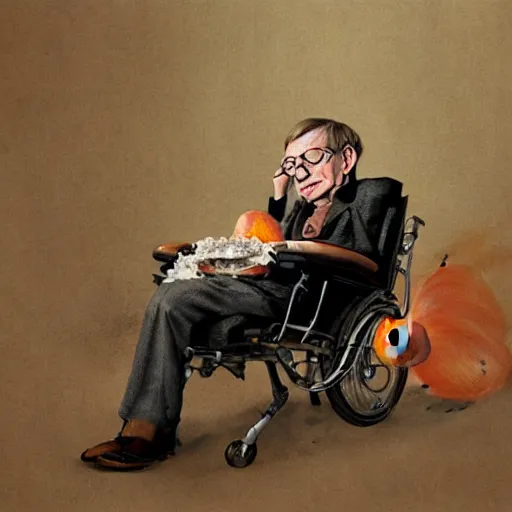 Image similar to stephen hawking eating a peach delicious food art greg rutkowski james gurney