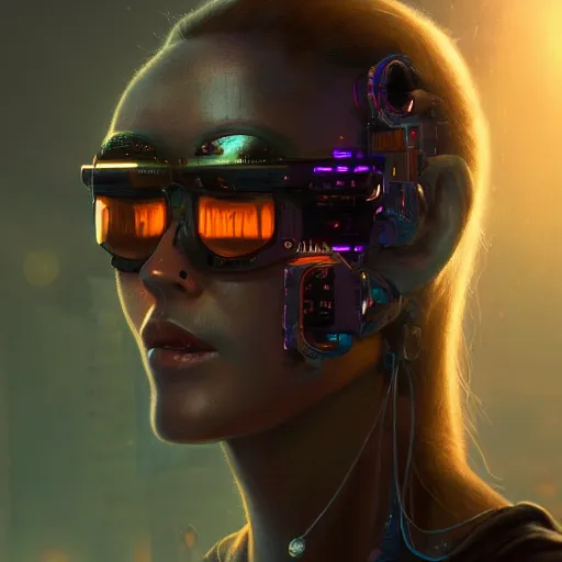 Prompt: extremely detailed portrait of a cyberpunk woman, eye implants, street vendors, citizens, augmented cyborgs, robots, skyscapers, buildings, clouds, sunset, painted by seb mckinnon, high detail, digital art, painted by greg rutkowski, trending on artstation