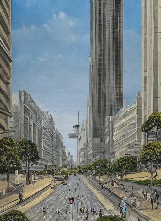 Image similar to futuristic avenida paulista in the c century, photorealistic beautiful painting, detailed, by gerardo dottori