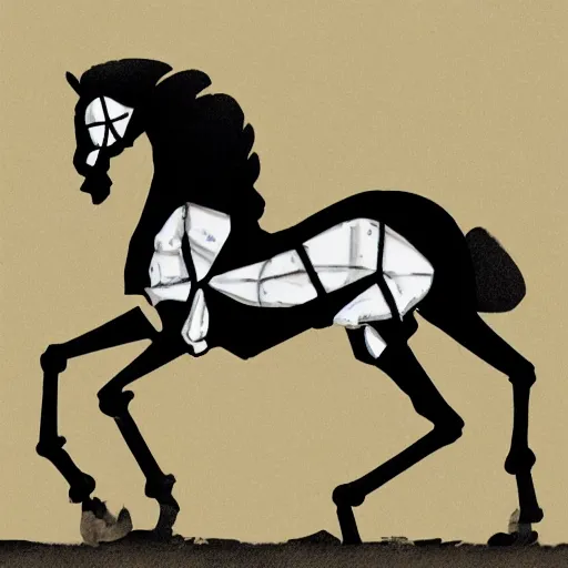 Image similar to a dark skeleton horse, fully skeletal horse, death