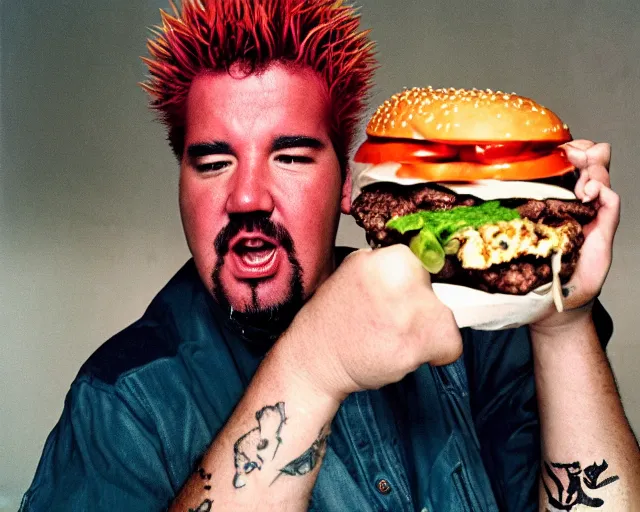 Image similar to dramatic color photo of guy fieri eating a burger, detailed and creepy, by william eggleston, fujifilm velvia 5 0, color photography, sigma 2 8 mm