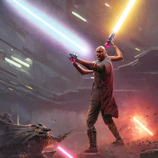 Image similar to a realistic portrait of mace windu holding a lightsaber fighting a group of dinosaurs in a destroyed cyberpunk city with lasers flying through the air by greg rutkowski