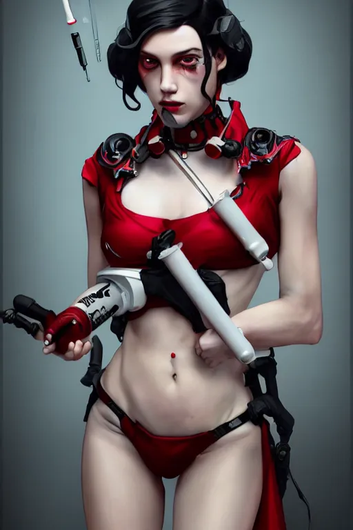 Prompt: covid - 1 9 nurse holding a syringe, wearing nurse bikini armor, black and white and red, cyberpunk, by tom bagshaw and alphonse mucha and atey ghailan and artgerm and and greg rutkowski and hajime soriyama, hyper realistic, octane render, trending on artstation