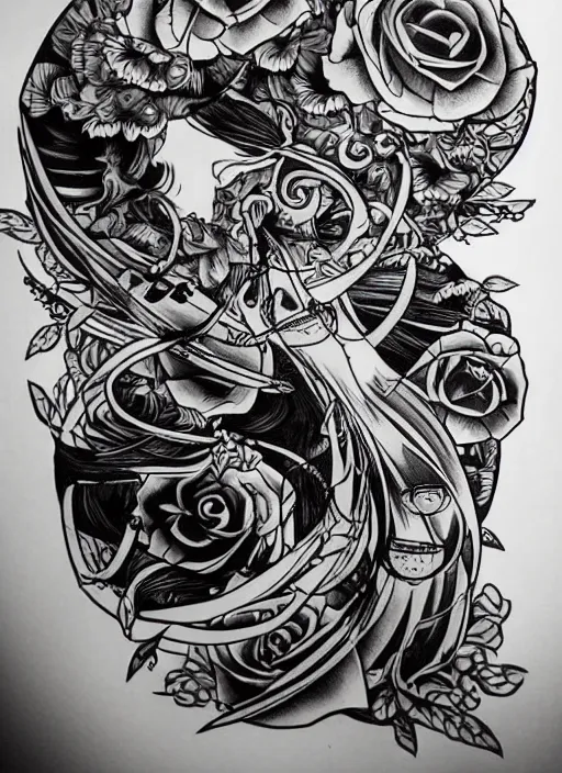 Prompt: tattoo flash art, black and white, by james jean