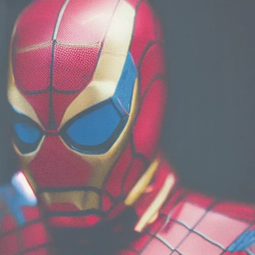 Image similar to a single iron man and spider - man hybrid, dslr, polaroid