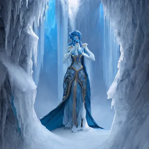 Prompt: ice princess standing in doorway to blue ice glacier fortress, fantasy, intricate, elegant, highly detailed, digital painting, artstation, concept art, matte, sharp focus, illustration, art by artgerm and greg rutkowski and alphonse mucha