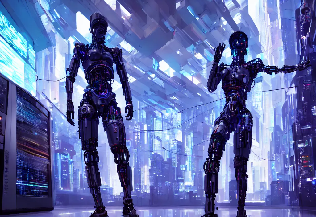 Image similar to shot of film by cyberpunk syle, human like a cyborg full body in detailed data center, character design, symmetrical, vivid color, complementary color, detailed, sharp lines, trending on artstation, volumetric lighting, by yoichi hatakenaka, by masamune shirow, by josan gonzales, octane render, server room