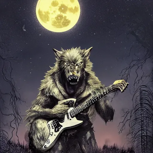 Prompt: a fearsome werewolf holding an electric guitar in the other a full moon shies behind him, dark, nighttime, gothic, cinematic scene, super detailed, hyper realistic