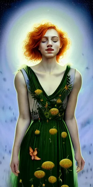 Image similar to infp young woman, smiling amazed, golden fireflies lights, full covering intricate detailed dress, amidst nature, long red hair, precise linework, accurate green eyes, small nose with freckles, oval shape face, realistic, expressive emotions, dramatic lights, hyper realistic ultrafine art by artemisia gentileschi, caravaggio, jessica rossier, boris vallejo