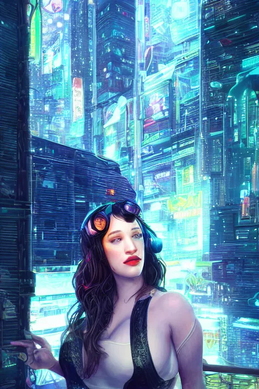 Image similar to portrait futuristic Kat Dennings, in future cyberpunk tokyo rooftop , sci-fi, fantasy, intricate, very very beautiful, elegant, neon light, highly detailed, digital painting, artstation, concept art, smooth, sharp focus, illustration, art by tian zi and WLOP and alphonse mucha