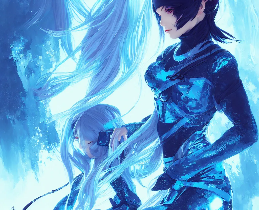 Image similar to portrait light cyan hair ninja gaiden girl, black plus little blue ninja wardrobe, at snowy fuji mountain sunrise, ssci - fi and fantasy, intricate and very very beautiful, detailed, digital painting, artstation, concept art, smooth and sharp focus, illustration, art by tian zi and wlop and alphonse mucha