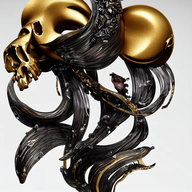 Image similar to goddess princess face close-up portrait ram skull. sculpture made of polished gold and matte obsidian. jellyfish phoenix head, nautilus, orchid, skull, betta fish, bioluminiscent creatures, intricate artwork by Tooth Wu and wlop and beeple. octane render, trending on artstation, greg rutkowski very coherent symmetrical artwork. cinematic, hyper realism, high detail, octane render, 8k