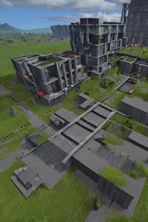 Image similar to building a base in valheim, brutalist architecture, in the style of the PC game Valheim