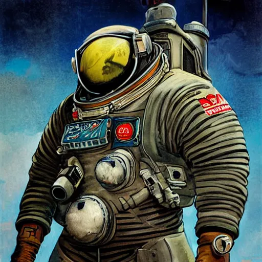 Image similar to [Dieselpunk cosmonaut, checkered flag, very detailed, cinematic lighting, matte, sharp, photography, art by enki bilal]