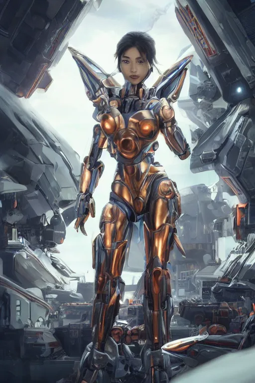 Prompt: a young attractive Asian woman in the pilot's seat of a massive sci-fi mecha, dramatic pose, copper chrome, blue LEDs, highly detailed, photorealistic, volumetric lighting, digital art, octane render, in the style of Artgerm and Tom Bagshaw