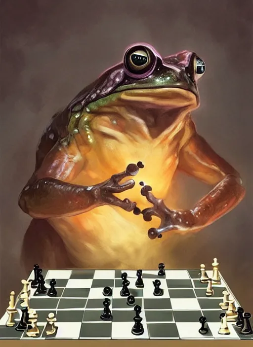 Prompt: frog playing chess, art by artgerm and greg rutkowski and magali villeneuve, d & d, fantasy, highly detailed, digital painting, trending on artstation, concept art, sharp focus, illustration