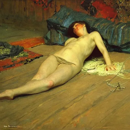 Image similar to the dream of the old tyrant, by ilya repin, oil on canvas, 1 8 8 3