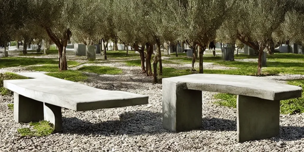 Prompt: creative concrete benches, colorful, olive trees