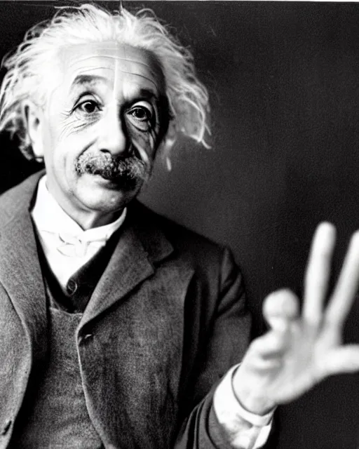 Image similar to an realistic photo of Albert Einstein holding an open palm with 7 fingers