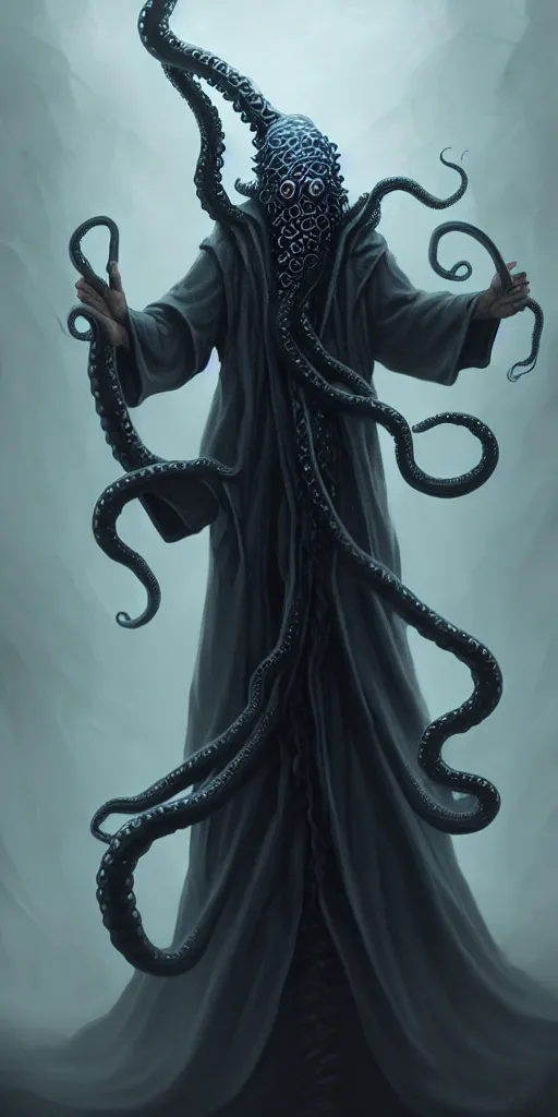 Prompt: a wizard that is slowly transforming into a tentacle monster, matte oil painting, concept art, d & d, robes, fantasy, fog, sharp focus, eldritch, award - winning, extremely detailed, 4 k, 8 k