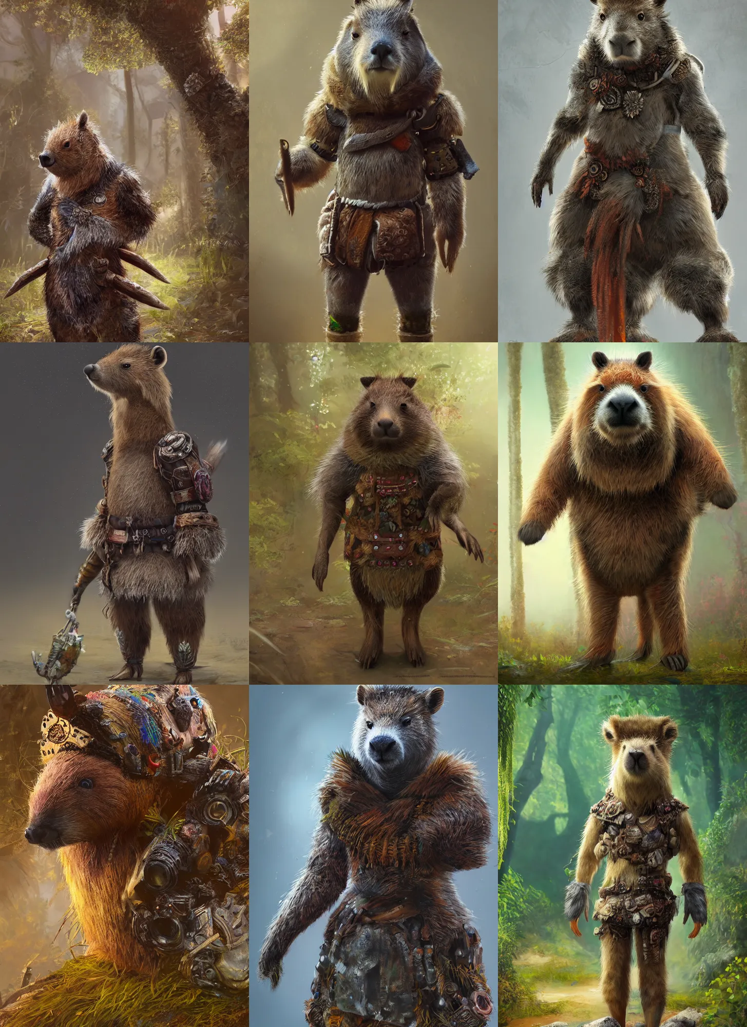 Image similar to detailed full body concept art illustration soft focus oil painting on canvas of an anthropomorphic capybara druid in full intricate clothing, biomutant, dystopian, micro detail, octane render, 4K