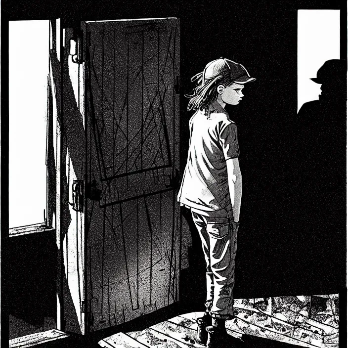 Image similar to [ sadie sink in dirty workmen clothes waves goodbye ] to workmen. near a gate. background : factory, dirty, polluted. technique : black and white pencil and ink. by gabriel hardman, joe alves, chris bonura. cinematic atmosphere, detailed and intricate, perfect anatomy