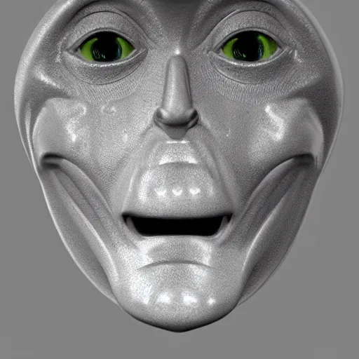 Image similar to a close up of a sad Roswell grey alien head with a white background, a hologram by Alan Bean, featured on zbrush central, hurufiyya, zbrush, polycount, airbrush art