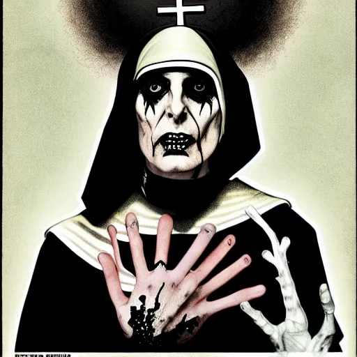 Image similar to graphic illustration, creative design, a nun as alice cooper, biopunk, francis bacon, highly detailed, hunter s thompson, concept art