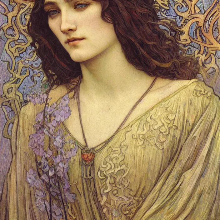 Image similar to detailed realistic beautiful young medieval queen face portrait by jean delville, alphonse mucha, vincent van gogh, and marco mazzoni, art nouveau, symbolist, visionary, gothic, pre - raphaelite