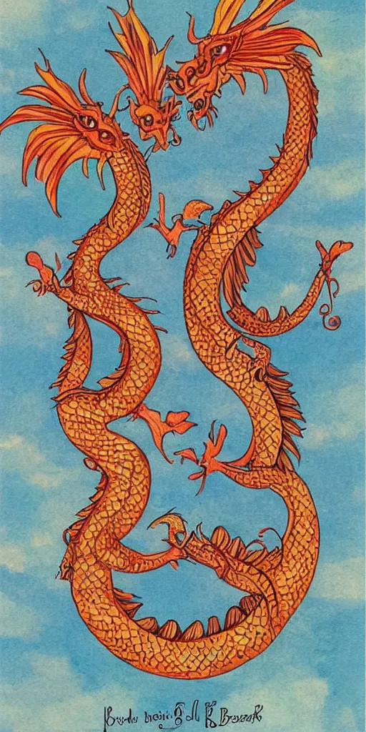 Image similar to greeting card, love, 2 beautiful royal dragons, by wylie beckert, warm colors, cozy